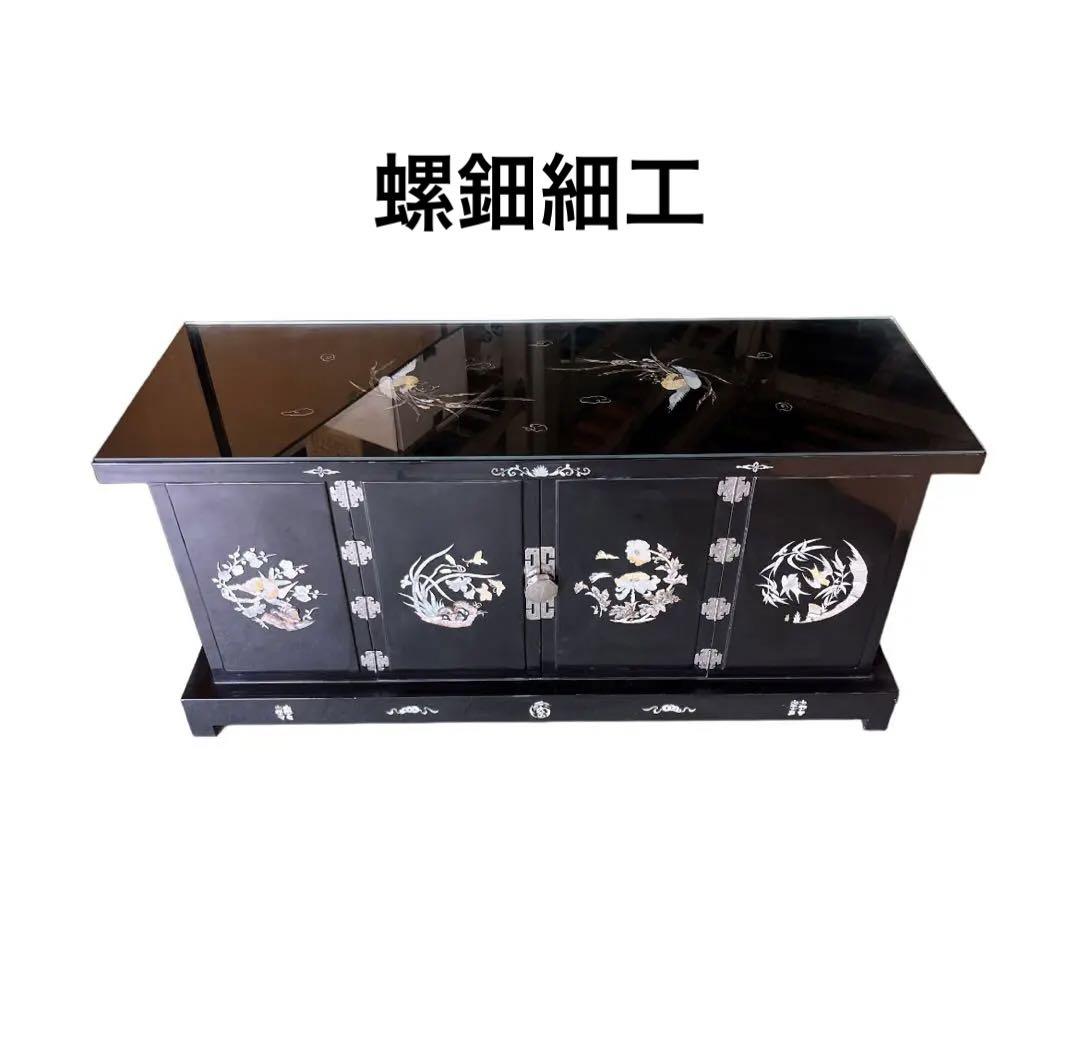 螺鈿細工 箪笥 両開き 黒漆 鳥 ブラック 収納家具 W975 ローボード 螺鈿細工 箪笥 両開き 黒漆 鳥 ブラック 収納家具 W975 ローボード