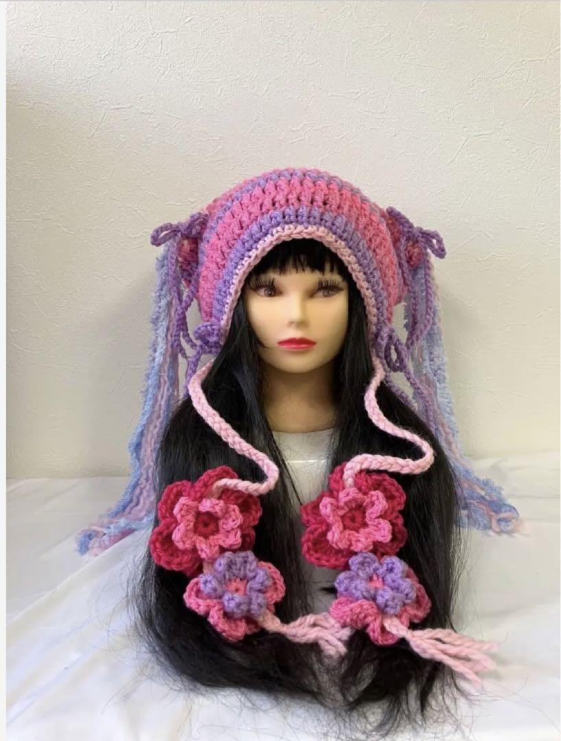 うさ耳ニット帽　ハンドメイド　猫耳ニット帽　パンク　ゴスロリ　☺︎ うさ耳ニット帽 ハンドメイド 猫耳ニット帽 パンク ゴスロリ