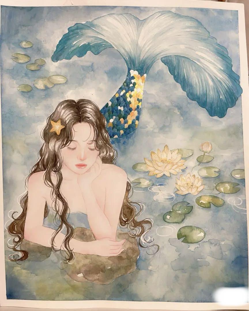 手書きイラスト　水彩画　美人　原画　オリジナル　イラスト　絵　人物画　女の子　空 手書きイラスト 水彩画 美人 原画 オリジナル イラスト 絵 人物
