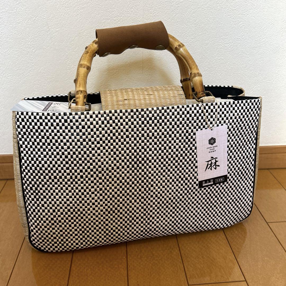 和装バッグ単品　単衣・盛夏用　麻・ナイロン・綿　持ち手竹　新品 和装バッグ単品 単衣・盛夏用 麻・ナイロン・綿 持ち手竹
