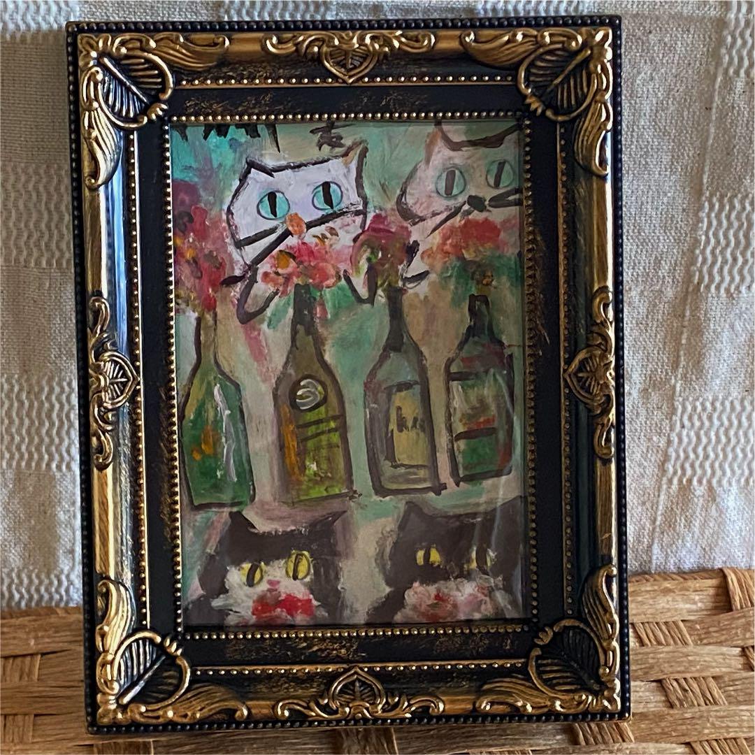 絵画。原画手描き【かわいい猫ちゃんたちの花、ワイン
