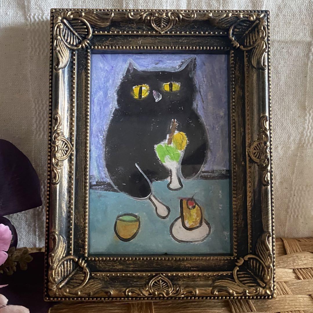 絵画。原画☆キャンバスF6【黒猫は白猫とデートして美味しいケーキを食べます】