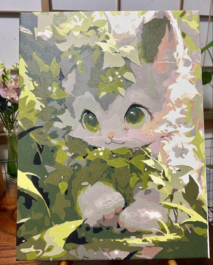 緑の中の猫 アクリル画 キャンパス画 （はじけてSpring アクリル