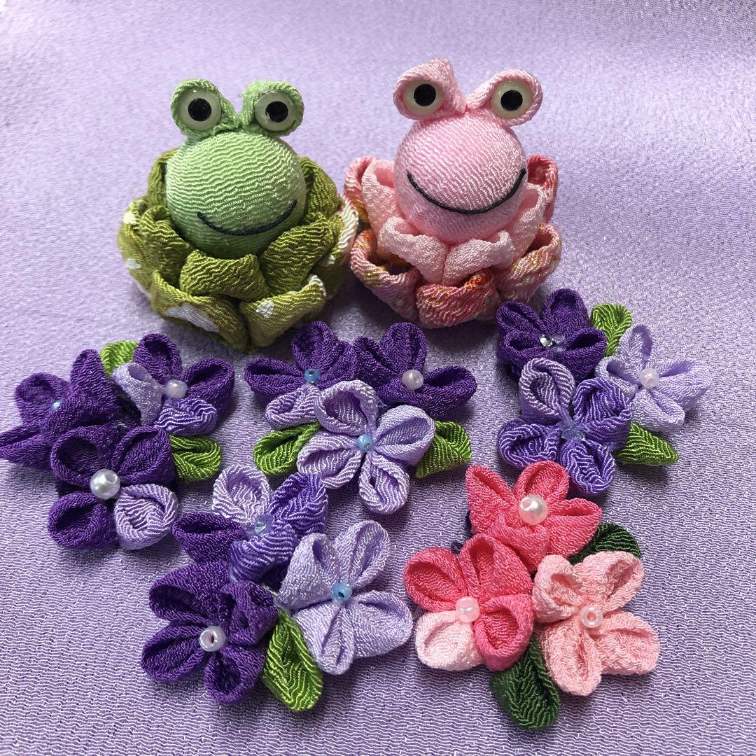 ムッチ　紫陽花　あじさい　つまみ細工　ちりめん細工　青系ピンク系　紫系 100円ショップの一越ちりめんでできる ちりめんつまみ細工