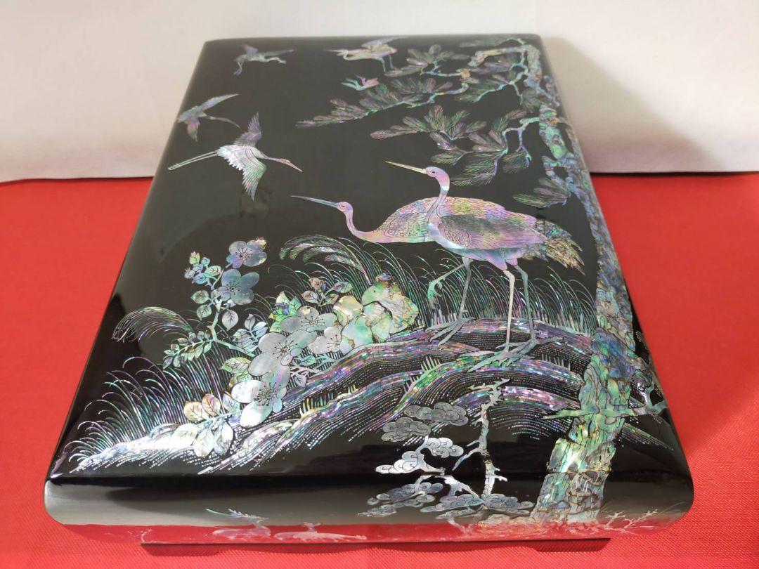 美品】韓国伝統工芸 螺鈿細工 松花鳥鹿図 漆塗り 文箱 特大