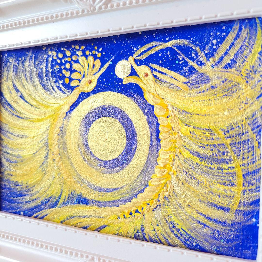 A【金運♡綺麗なブルーゴールド☆上昇☆龍鳳凰】開運絵画風水