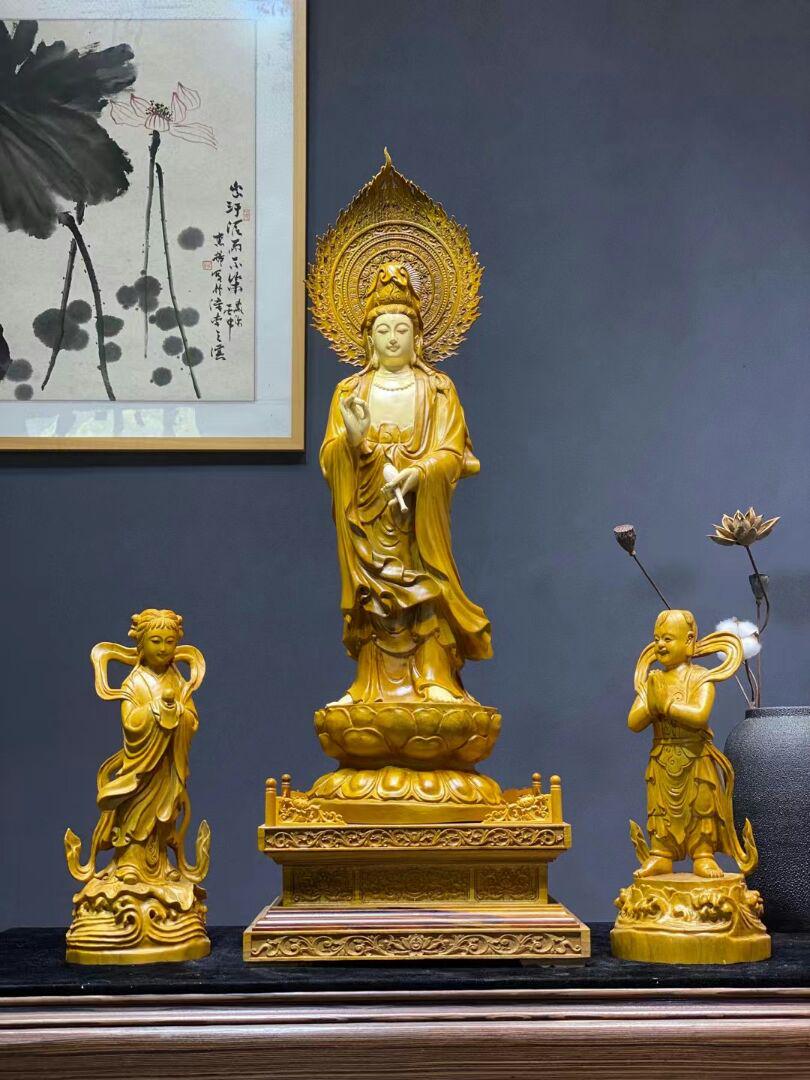 観音菩薩・善財童子・八歳龍女 希少 香樟材 仏教工芸品 仏像