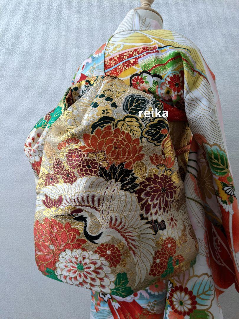 七五三　大人用袋帯からの作り帯　子供　1点物　鶴柄　アンティーク 七五三 ジュニア帯 大人の方も 大人用正絹袋帯からの作り帯 1点