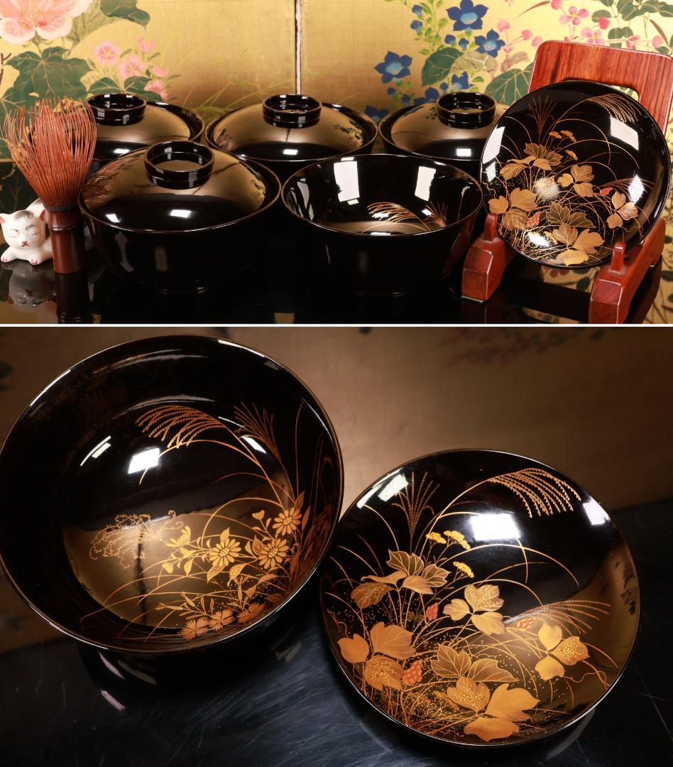 BJ030 時代輪島塗 秋乃草図金蒔絵 あつもの椀 吸物椀 五客 木製