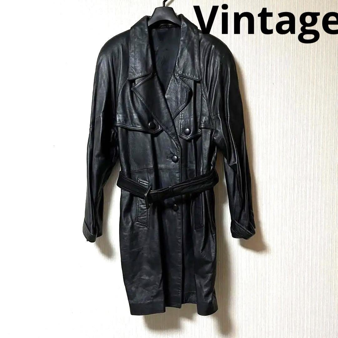 90s ヴィンテージ【40】レザートレンチコート 羊革 ベルテッド 本革 人気沸騰】 90s ヴィンテージ【40】レザートレンチコート 羊革