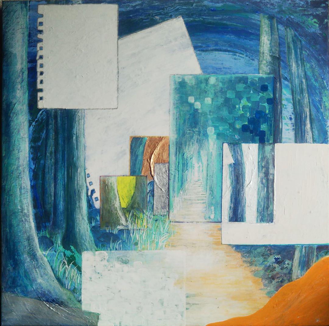 アクリル画 風景 道 （ひまわりが続く道」という水彩画を描き