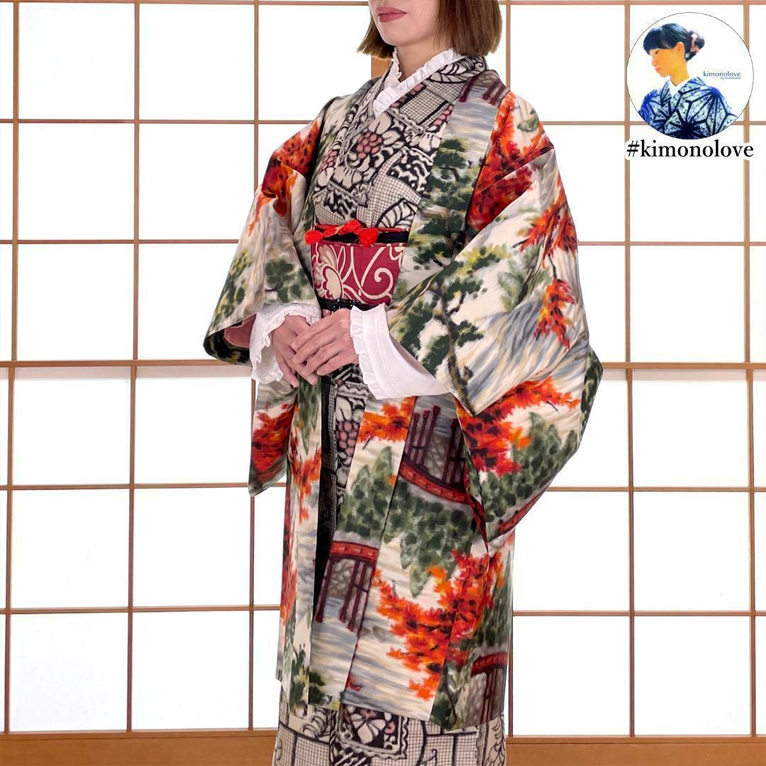 ☆セミ アンティーク着物 ＜ ブラックハート ＞ 正絹 小紋 胴裏