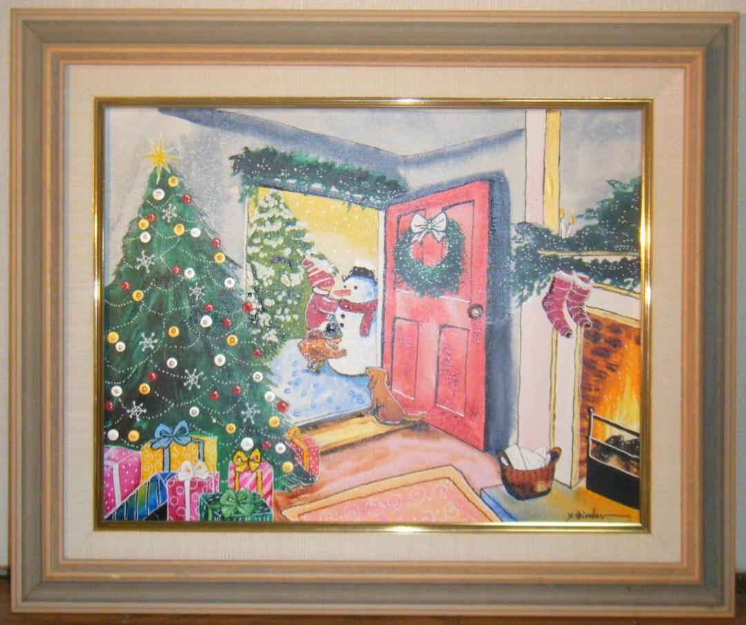 真作】絵画 新藤淑子 アクリル画6号 クリスマス 室内風景 名品