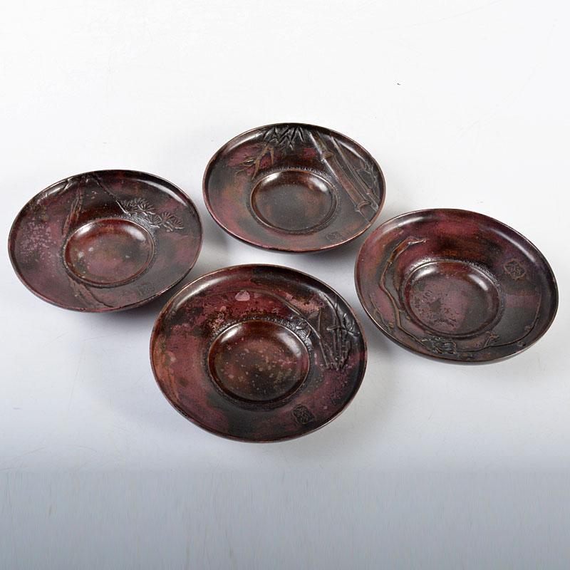 茶道具　斑紫銅　絵変　茶托　四客　在銘　M　R4589 茶道具 斑紫銅 絵変 茶托 四客 在銘 M R4589 （topps now 2024