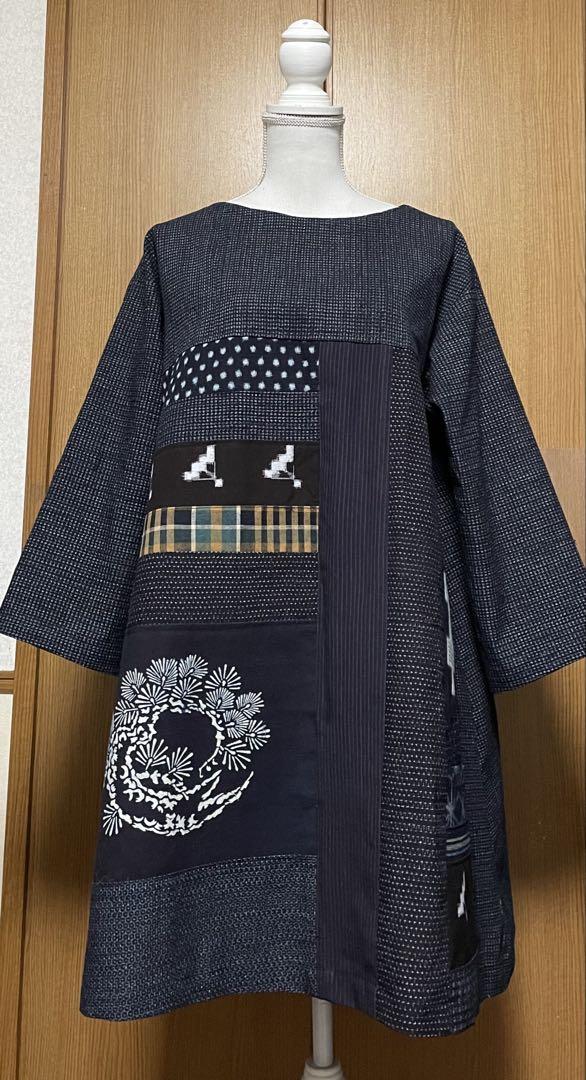 着物リメイク 絣など木綿のパッチワークAラインチュニック
