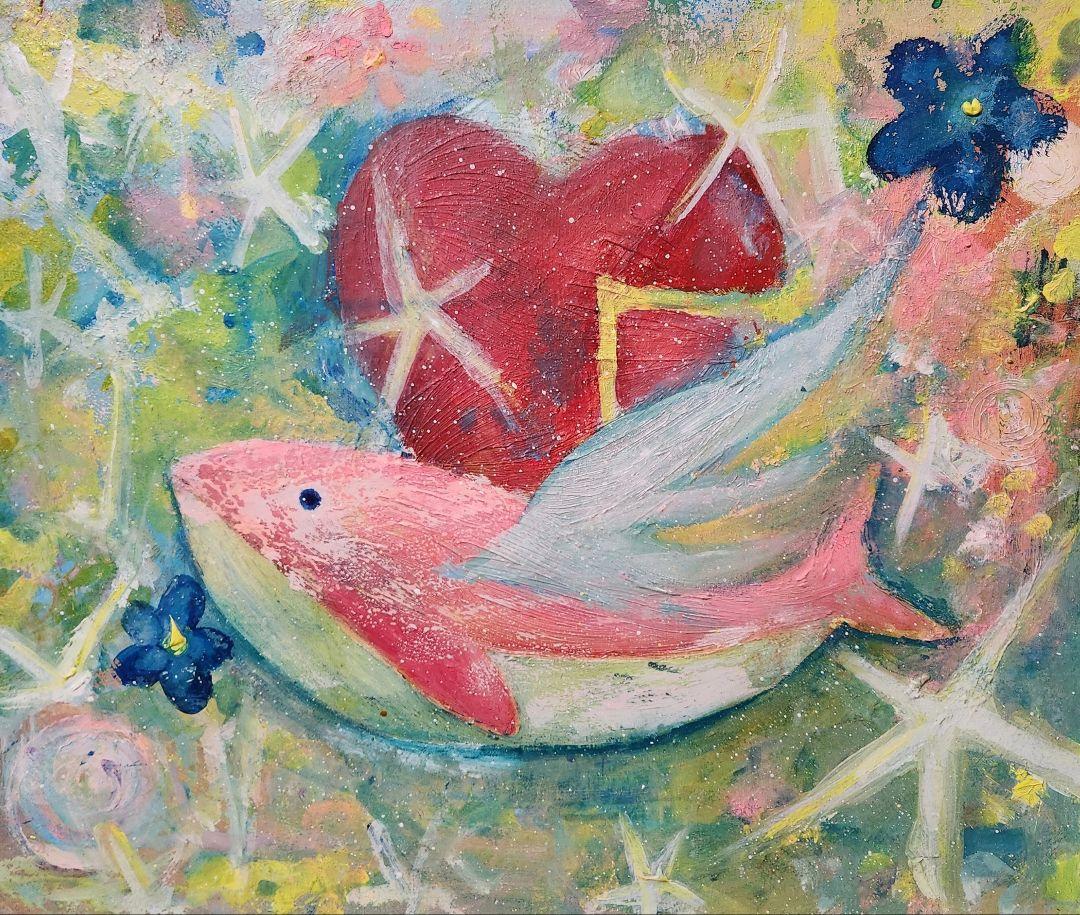 絵画　油絵　原画　一点物　生き物　鯨　ブルー　涼やか　ポップ　F4 a72986d3bc1b6ad7df57632a28bf5c