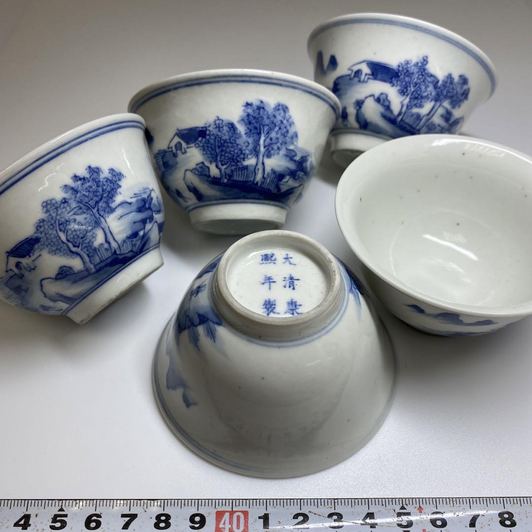 中国清朝期　青花煎茶碗3客　直径約8㎝　東Y6-0703①タカチ 中国清朝期 青花煎茶碗3客 直径約8㎝ 東Y6-0703①タカチ
