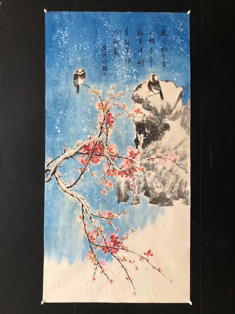 中国古美術・純手描き花鳥掛軸・水彩画・蒋延錫印款・書道品・絹本・肉筆・一物一图 最新な 掛軸 中国美術 中国書画 山水 風月 花鳥 肉筆絹本 櫻花双