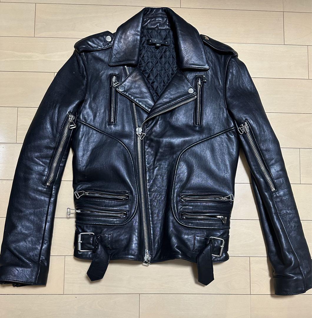 STUD 黒 レザー ダブルライダースジャケット （□114 Vintage