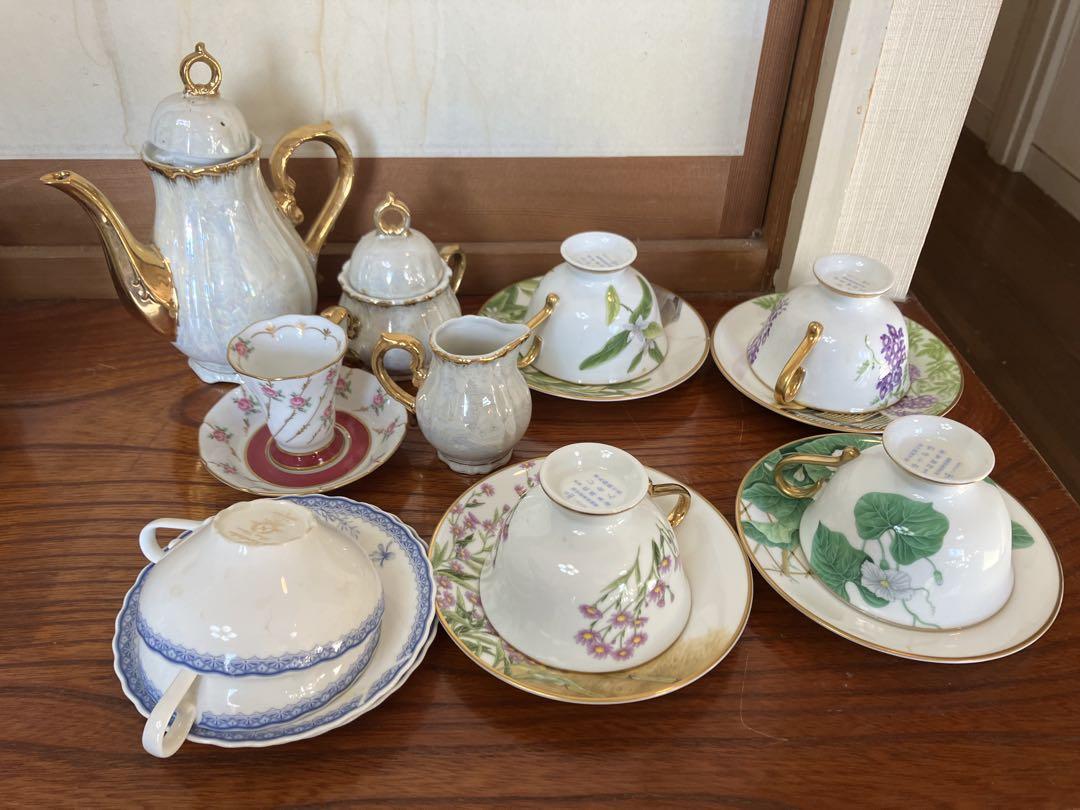 オールドノリタケ　花柄陶磁器ティーセット３種 ノリタケ オールドノリタケ イエロー地 フラワーハンドル付花絵