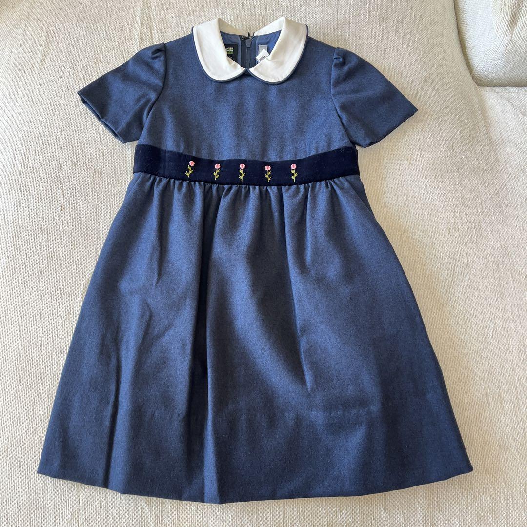白金よつば ネイビー 襟付き 刺繍 ワンピース 105cm 半袖 （楽天