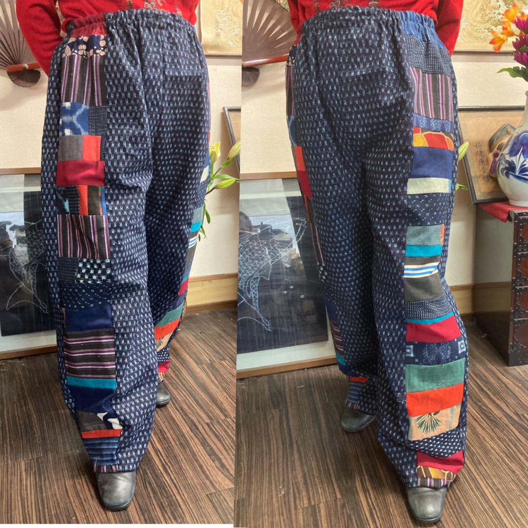 久留米絣と古布パッチワークパンツ 古布リメイク （着物リメイク