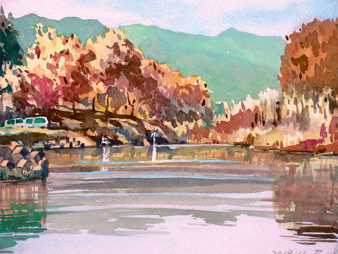 水彩画「釣り人」 水彩画（相模川の釣り人」 （水彩画「釣り人」 （釣り人 – 草花