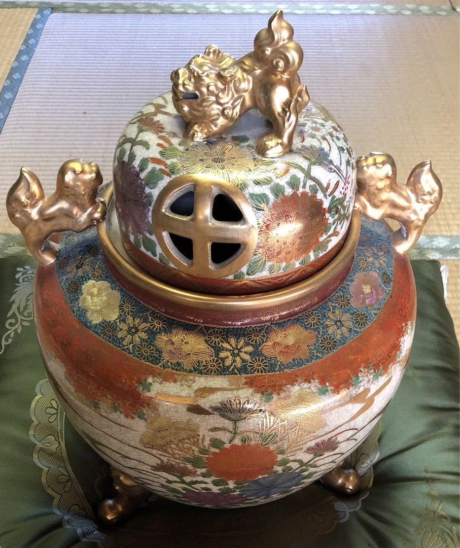 薩摩焼　丸十字　金襴手　獅子摘　蓋獅子　耳三足　香炉　壺 薩摩焼 丸十字 金襴手 獅子摘 蓋獅子 耳三足 香炉 壺 （Yahoo