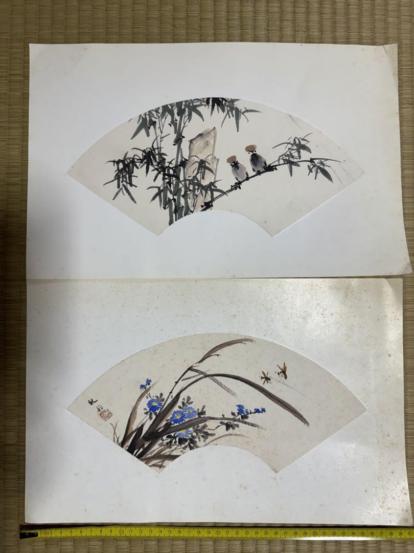 中国美術 水墨画 扇面 肉筆 2枚1組 縦25cm.横40cm （中国美術