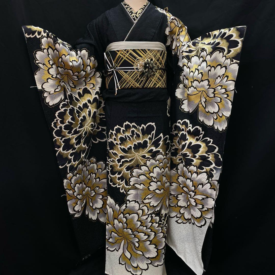 成人式 振袖 フルセット かっこいい 黒 白 金 振袖セット （成人