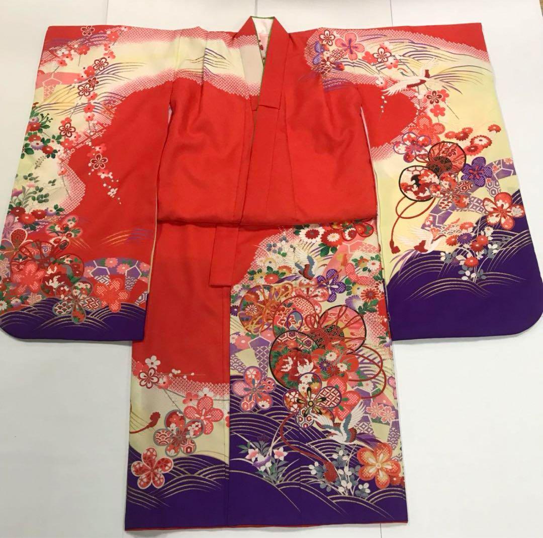 SALE 七五三 7歳女の子着物 2点セット 朱赤 梅 鼓 菊 桔梗 青海