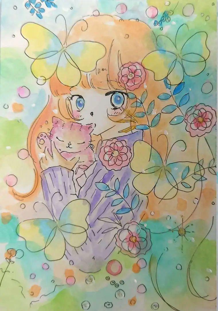 mokoオリジナルイラスト原画『女の子と猫 花と蝶