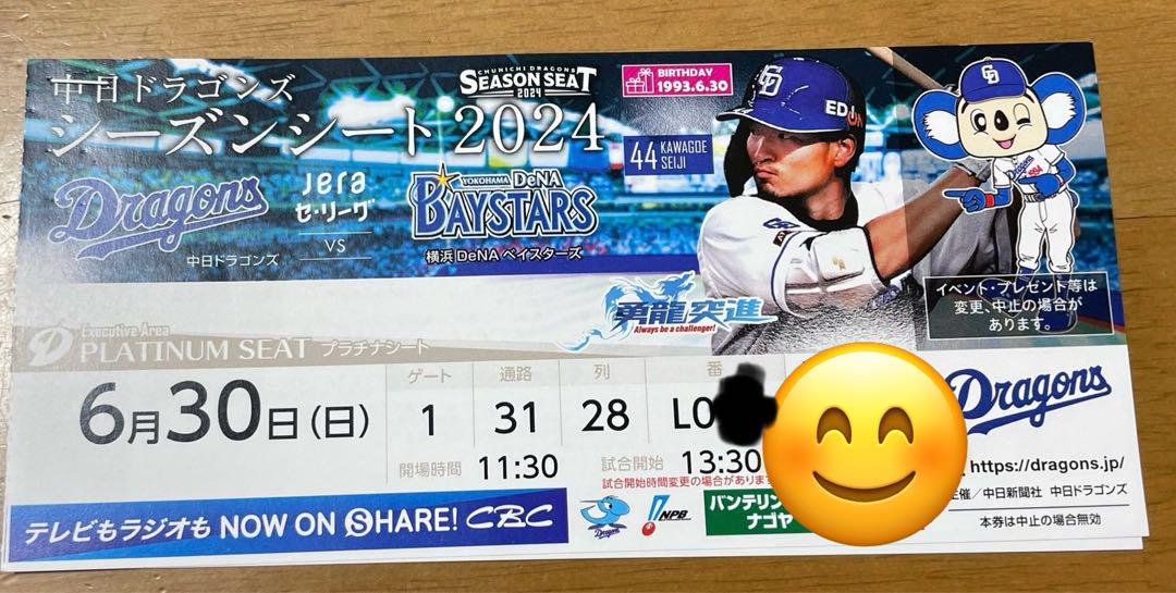 ドラゴンズvsカープ戦　プラチナシート(通路側)2連番 野球 バンテリンドーム 中日 2枚セット プラチナシート（中日