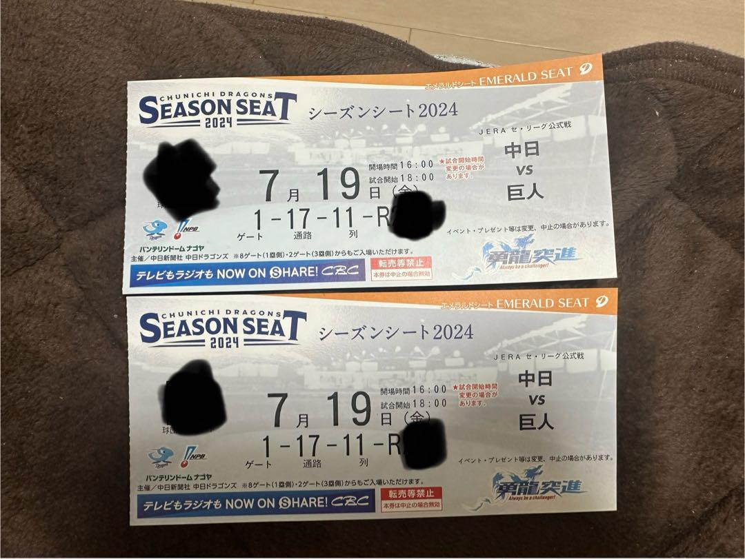 内野A】7月19日 中日ドラゴンズvs読売ジャイアンツ チケット（中