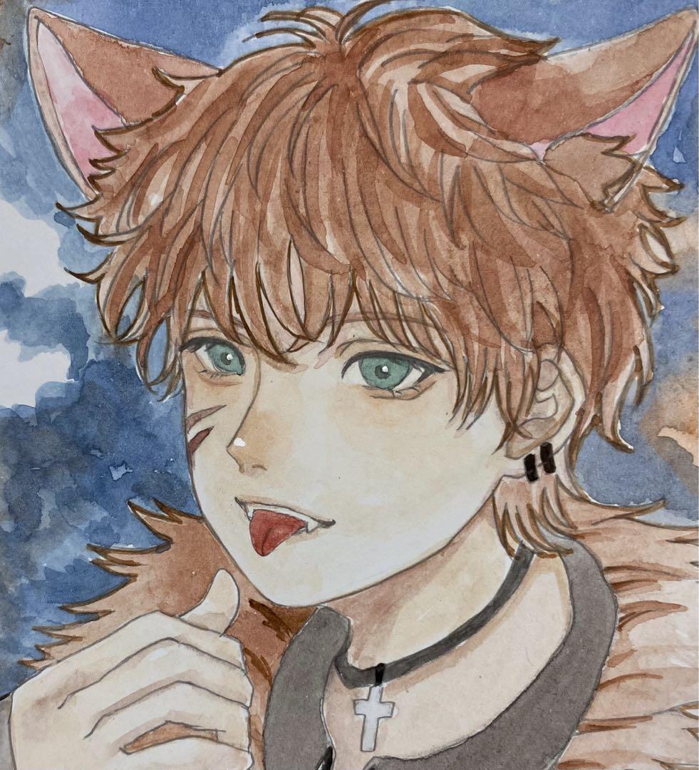 オリジナル手描きイラスト 水彩画 狼男 原画 ミニ色紙 （第3