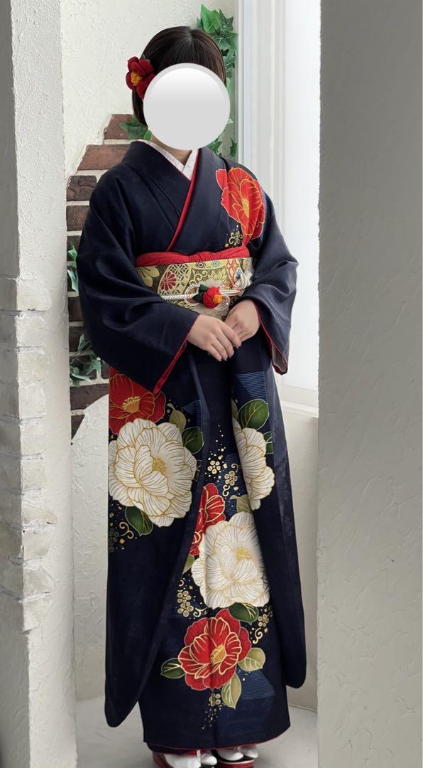 成人式 振袖 フルセット 正絹 紺色 椿 （No.1066 【正絹 京友禅