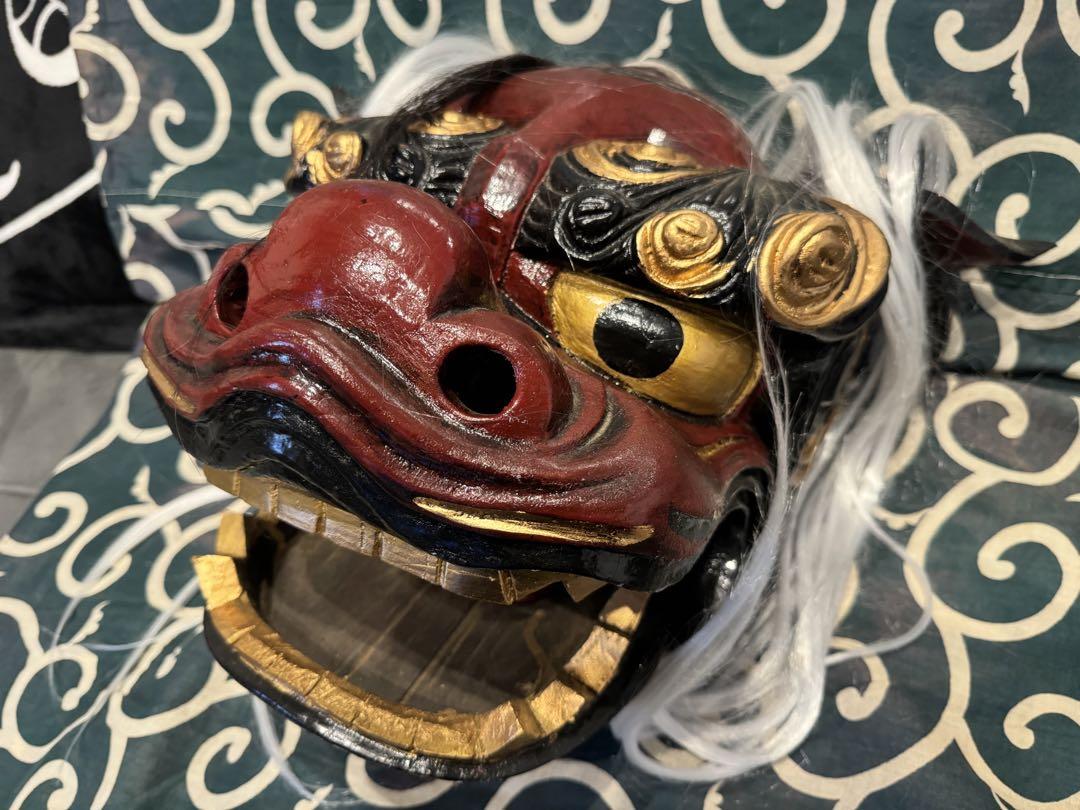 宇津 獅子頭】木彫り朱漆塗り 獅子舞い 9寸 魔除け 縁起物