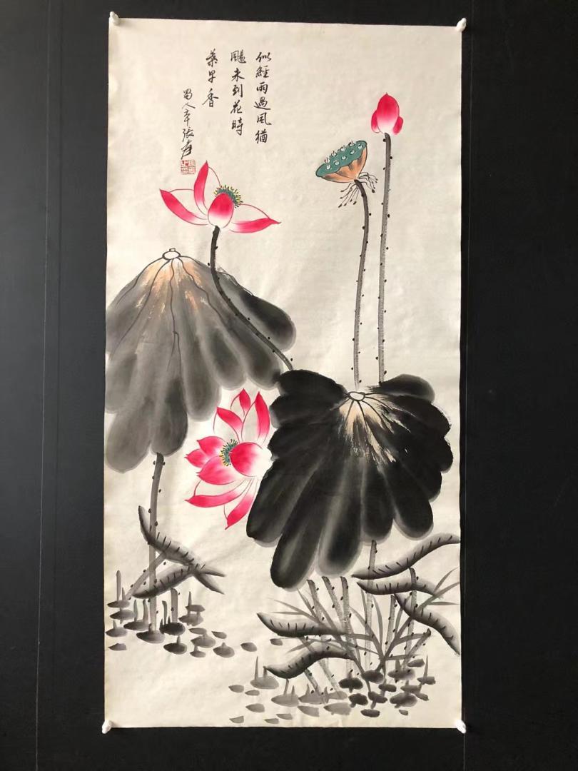 中国美術・純手描き三尺書法画芯・字画・名人印款・肉筆・宣紙・茶道・文房・書道品 中国古美術・純手描き・三尺竖幅・蓮花画芯・国画・張大千印款