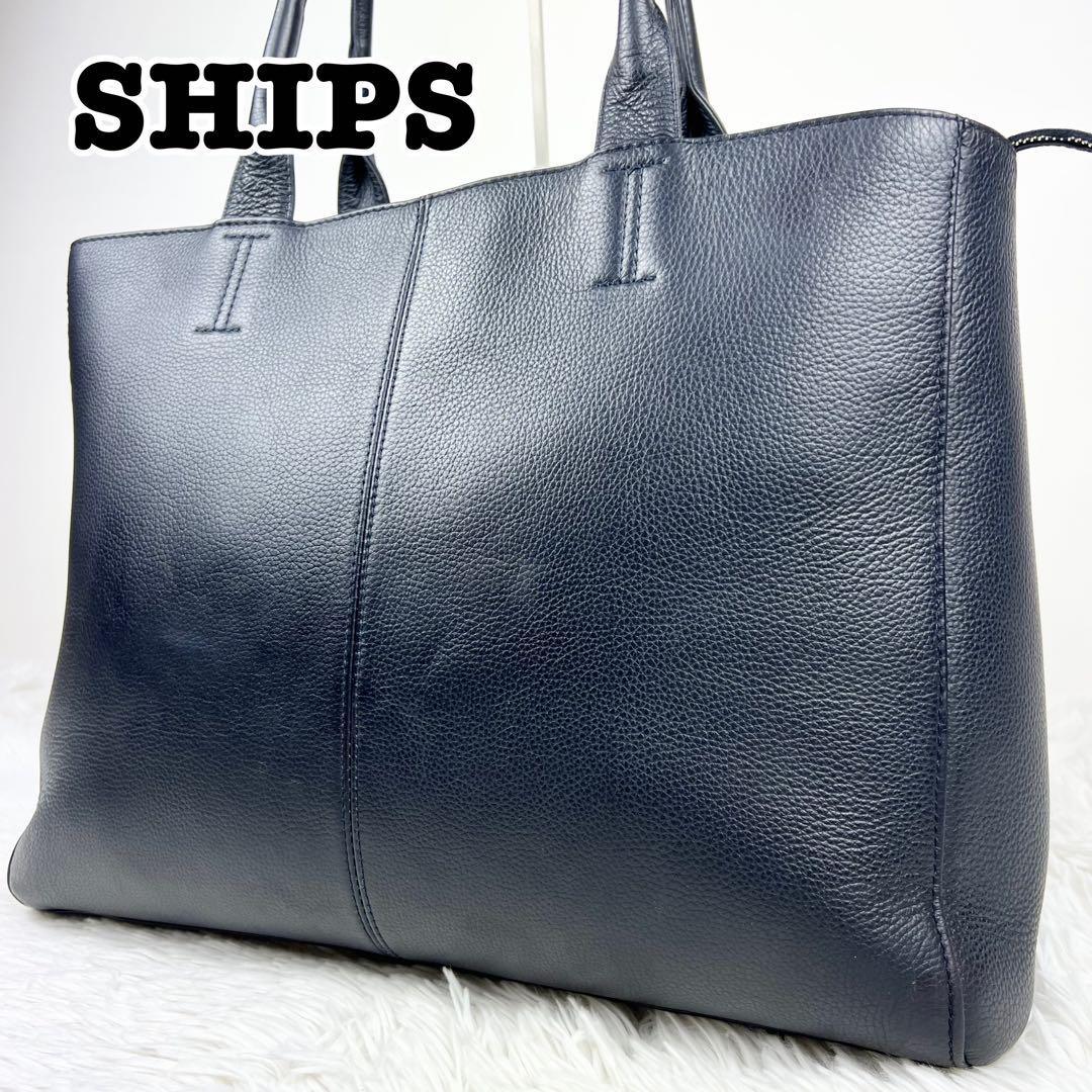 SHIPS トートバッグ ネイビー レザー A4収納可 ビジネスバッグ 通勤 WEB限定】SHIPS: 合成皮革 ビズ トート バッグ (クラッチバッグ