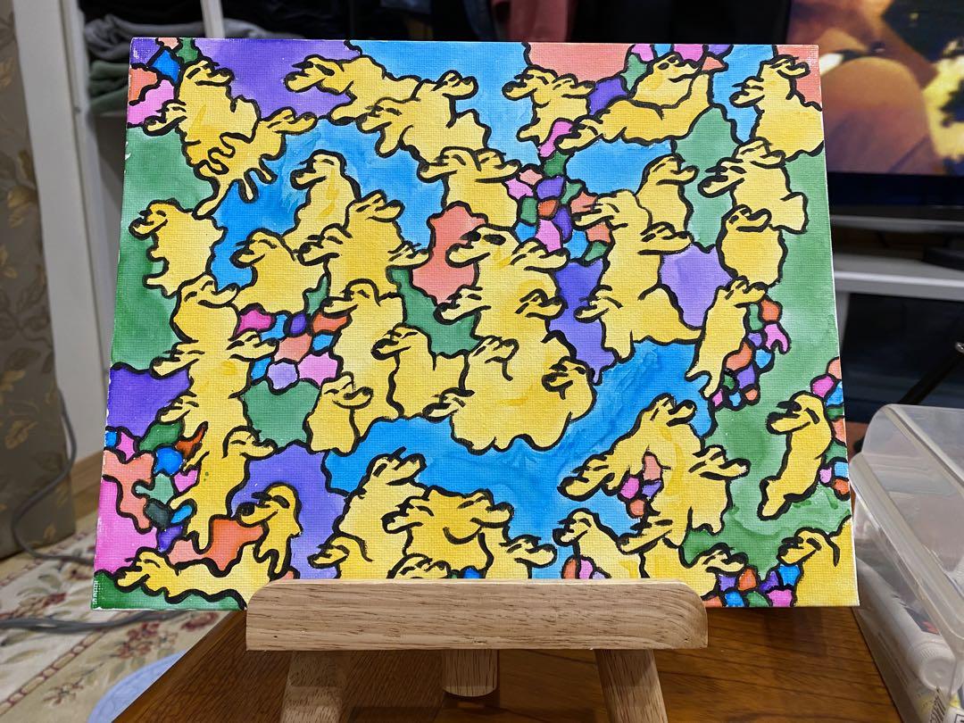 カラフルな黄色いモグラの十字架のアクリル画　ポップアート風 カラフルな黄色いモグラの十字架のアクリル画 ポップアート風