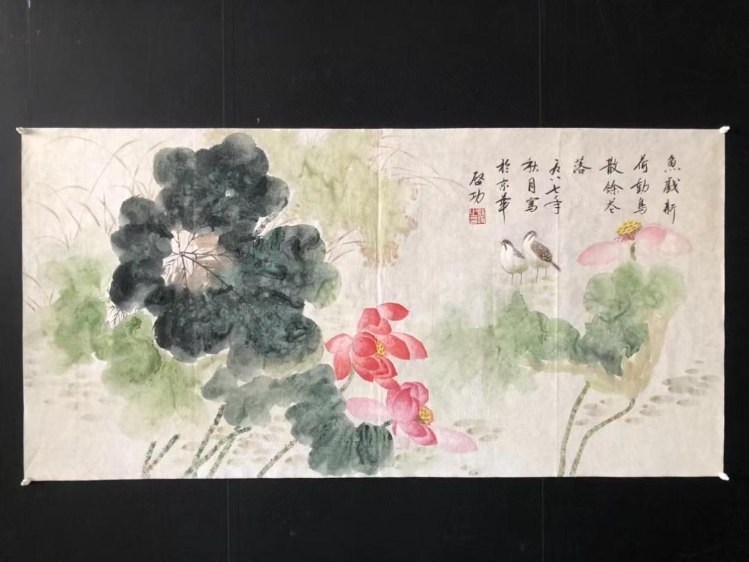 【人気No.1】 中国美術・純手描き・四尺横幅・花鳥画芯・水墨画・啓功印款 絵画
