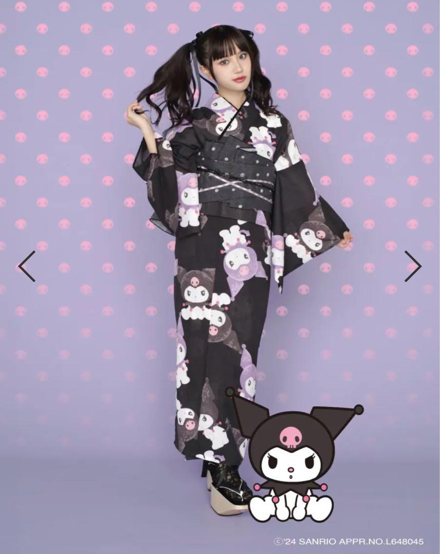 ふりふとサンリオ　夢コラボ　キャラクター 浴衣 黒地 紫　くろみちゃん　新品！ ふりふとサンリオ 夢コラボ キャラクター 浴衣 黒地 紫 くろみ