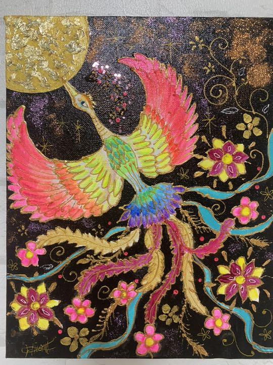 金箔の月と花鳳凰 開運絵画 開運絵画 金箔の月と虹色鳳凰 絵画原画 (完売 風水開運黄金絵画