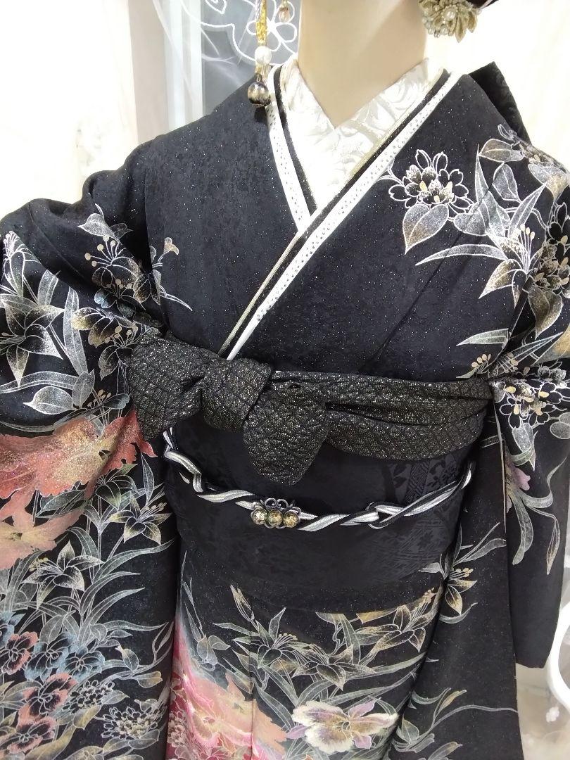 古典カーキー振袖 フルセット、刺繍半襟、重ね衿、縮麺帯揚げ