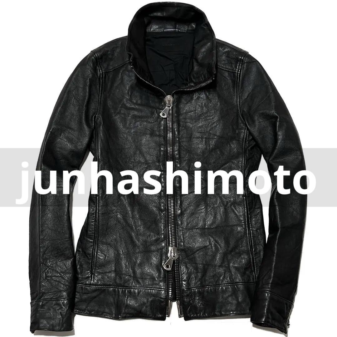 極美品✨ジュンハシモト　インナーライダースジャケット サイズ2(M)紺 美品】ジュンハシモト インナーライダースジャケット 牛革 シワ