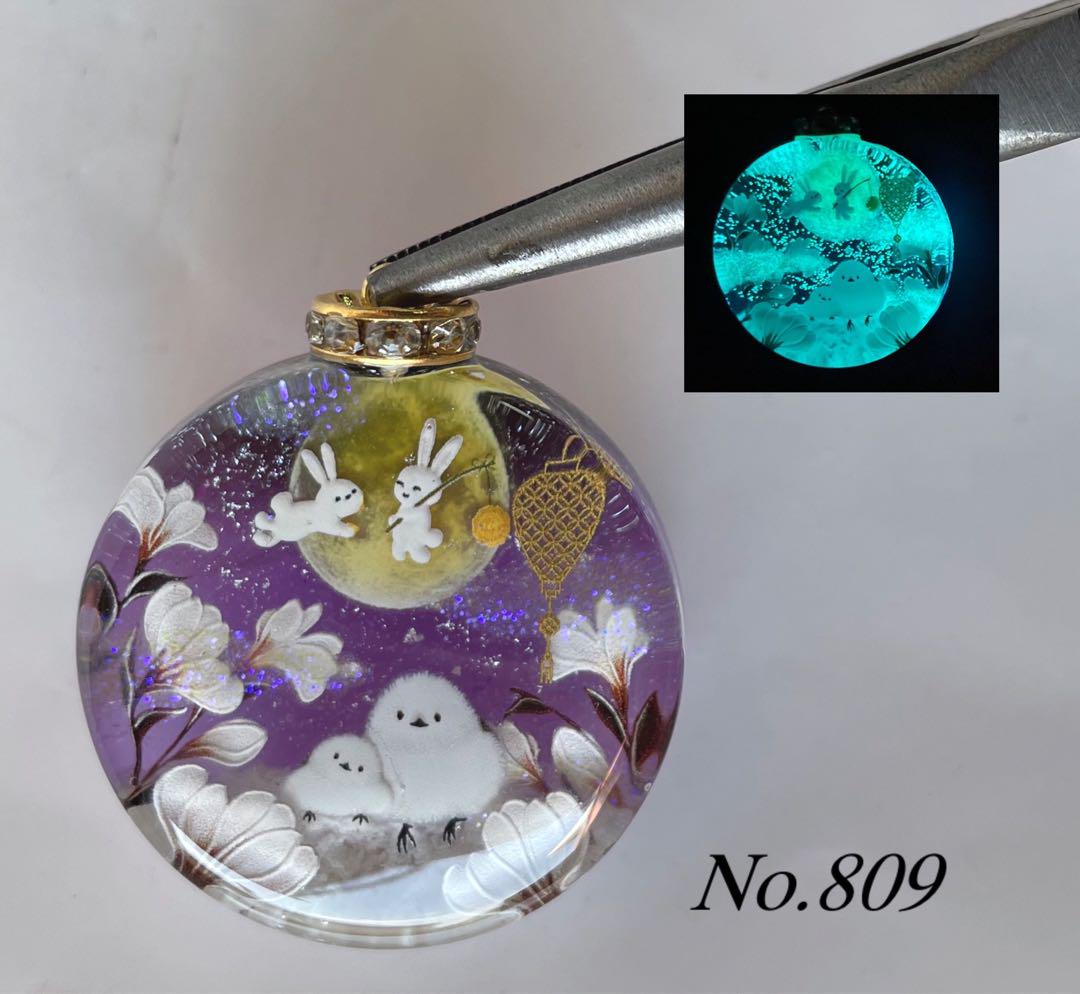 【★安心の定価販売★】 展示用/レジン/月のうさぎとシマエナガ 蓄光 オルゴナイト チャーム