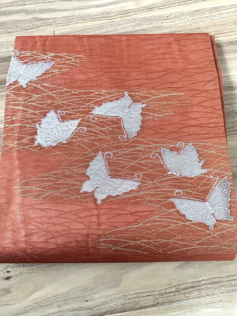 夏帯 名古屋帯 蝶の刺繍 オレンジ（夏 半幅帯「藤色 蝶」四寸帯