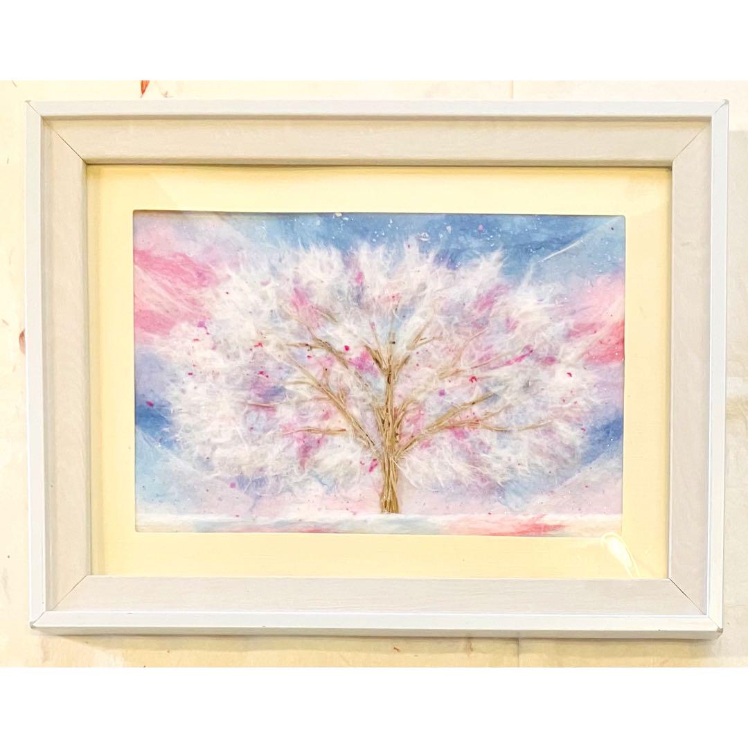 和紙ちぎり絵『ふわふわの木（ホワイトピンク）』葉書サイズ原画