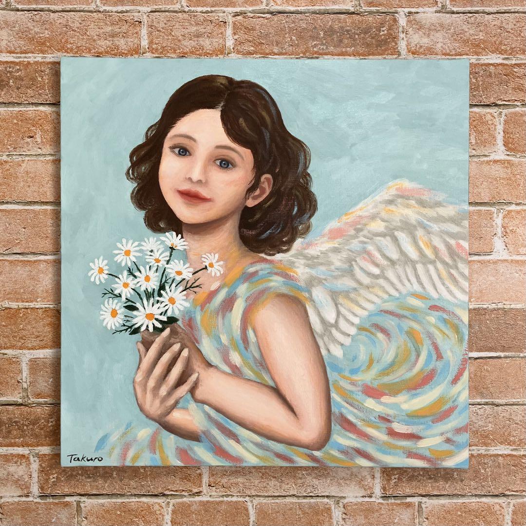 絵画/油絵/手描き/アート/一点物/インテリア 『桃と天使』【原画】 一点物】『 緑の庭 』油絵 F20号 油彩 油画 絵画 キャンバス