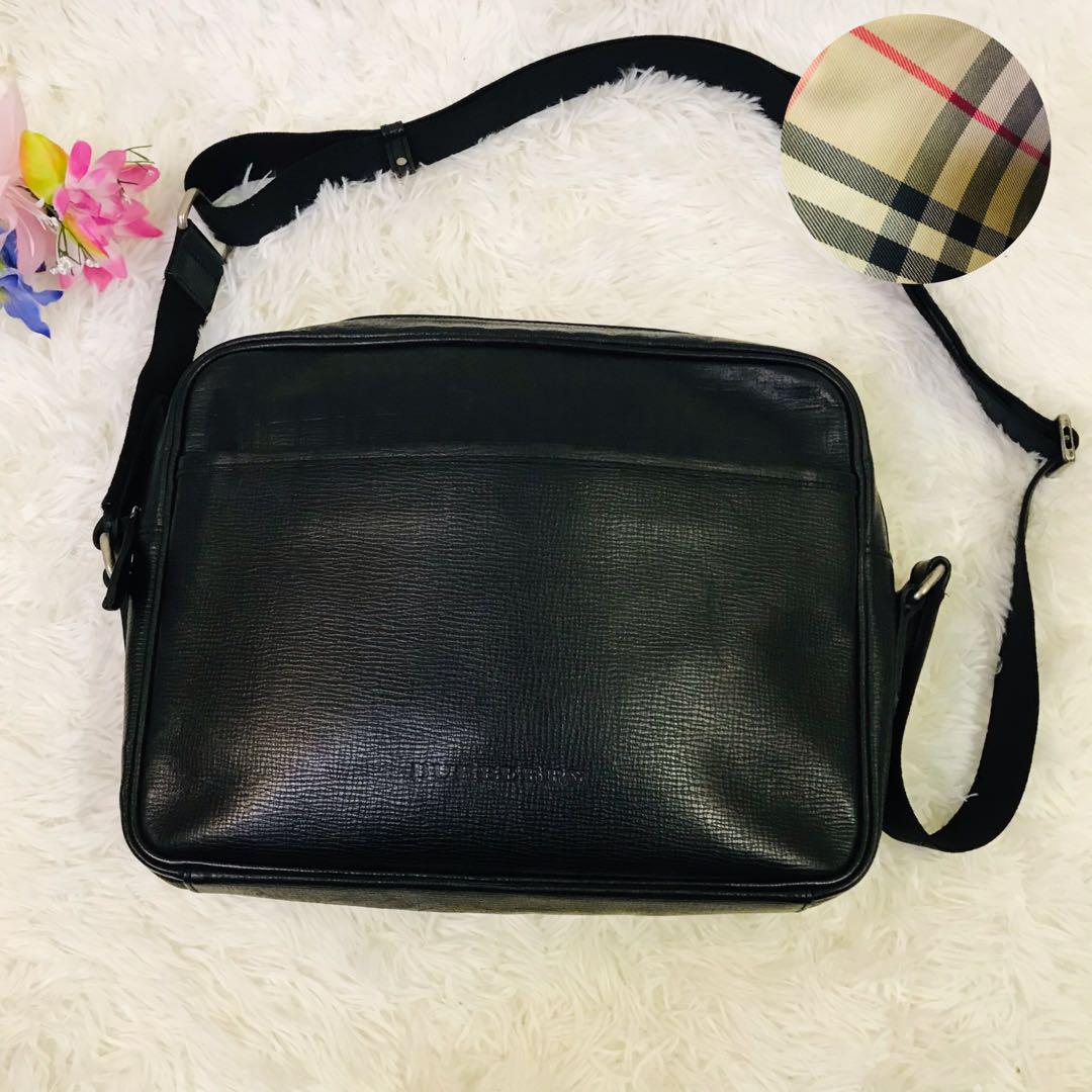 美品✨バーバリー ショルダーバッグ ノバチェック シボ革 オールレザー ブラック BURBERRY バーバリーショルダーバッグノバチェックレザー黒シボ革